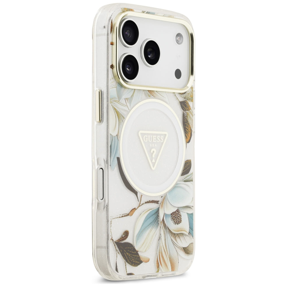 MagSafe futrola za Apple iPhone 18 Pro / 17 Pro, Guess, IML Metal Glitter Flowers Triangle, Bijela