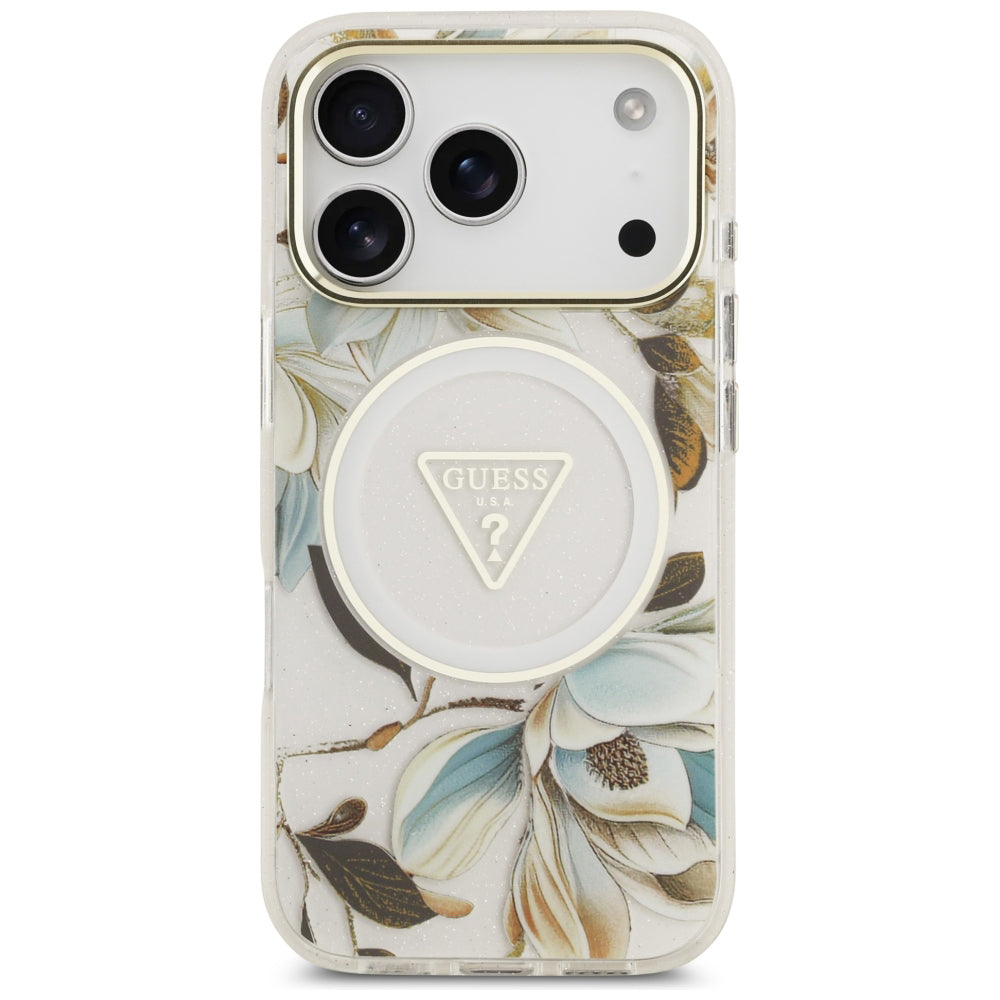 MagSafe futrola za Apple iPhone 18 Pro / 17 Pro, Guess, IML Metal Glitter Flowers Triangle, Bijela