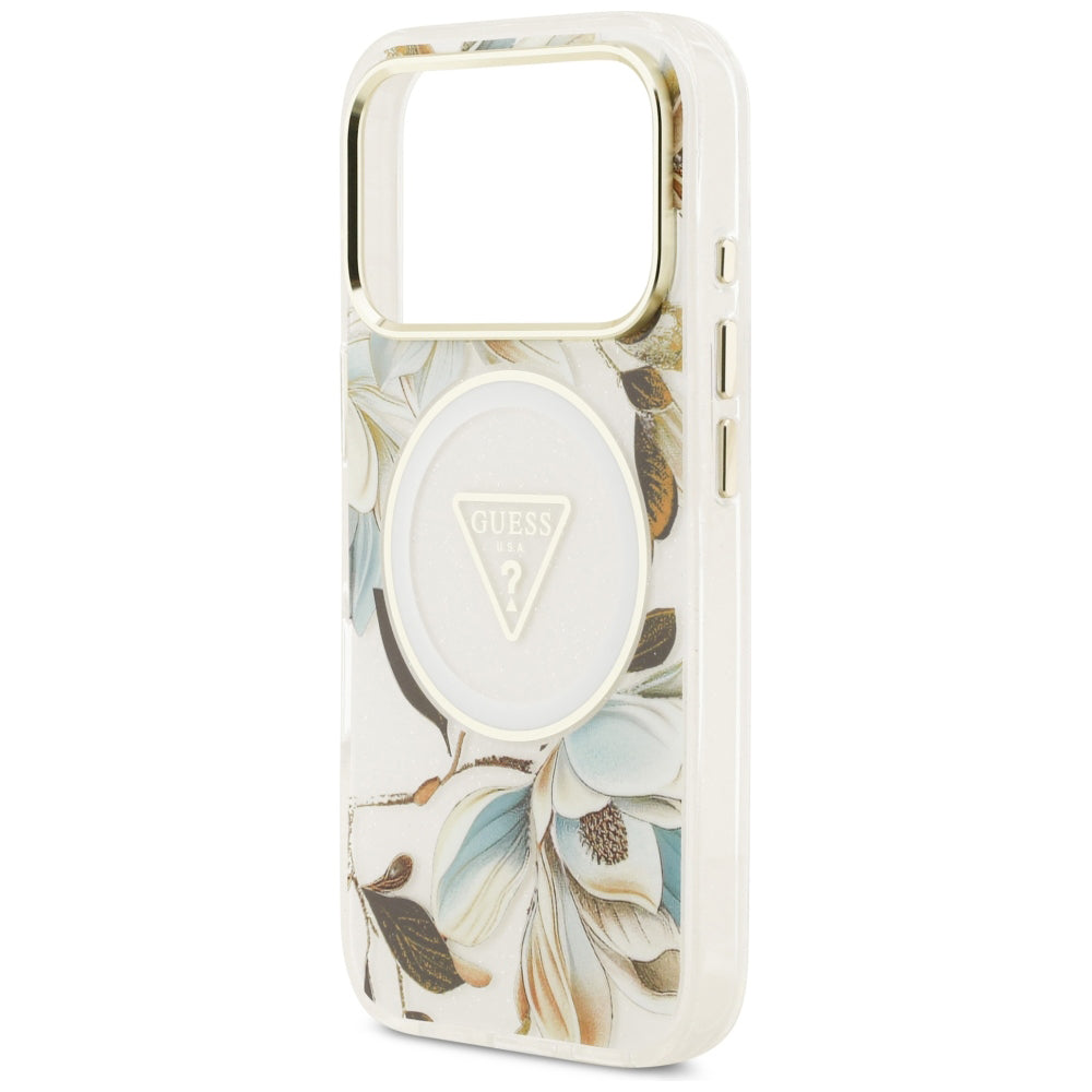 MagSafe futrola za Apple iPhone 18 Pro / 17 Pro, Guess, IML Metal Glitter Flowers Triangle, Bijela