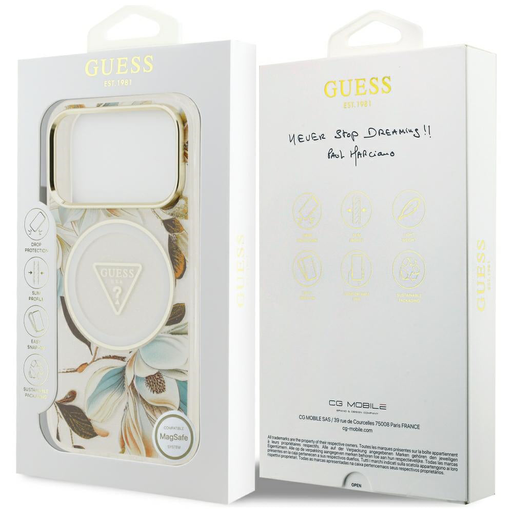 MagSafe futrola za Apple iPhone 18 Pro / 17 Pro, Guess, IML Metal Glitter Flowers Triangle, Bijela