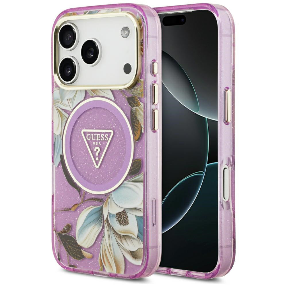 MagSafe maska za Apple iPhone 18 Pro / 17 Pro, Guess, IML Metal Glitter Flowers Triangle, Ljubičasta