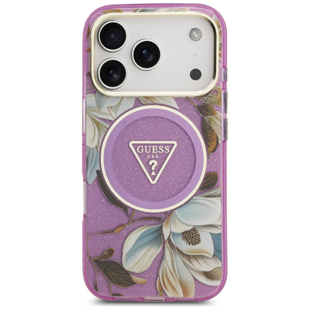 MagSafe maska za Apple iPhone 18 Pro / 17 Pro, Guess, IML Metal Glitter Flowers Triangle, Ljubičasta
