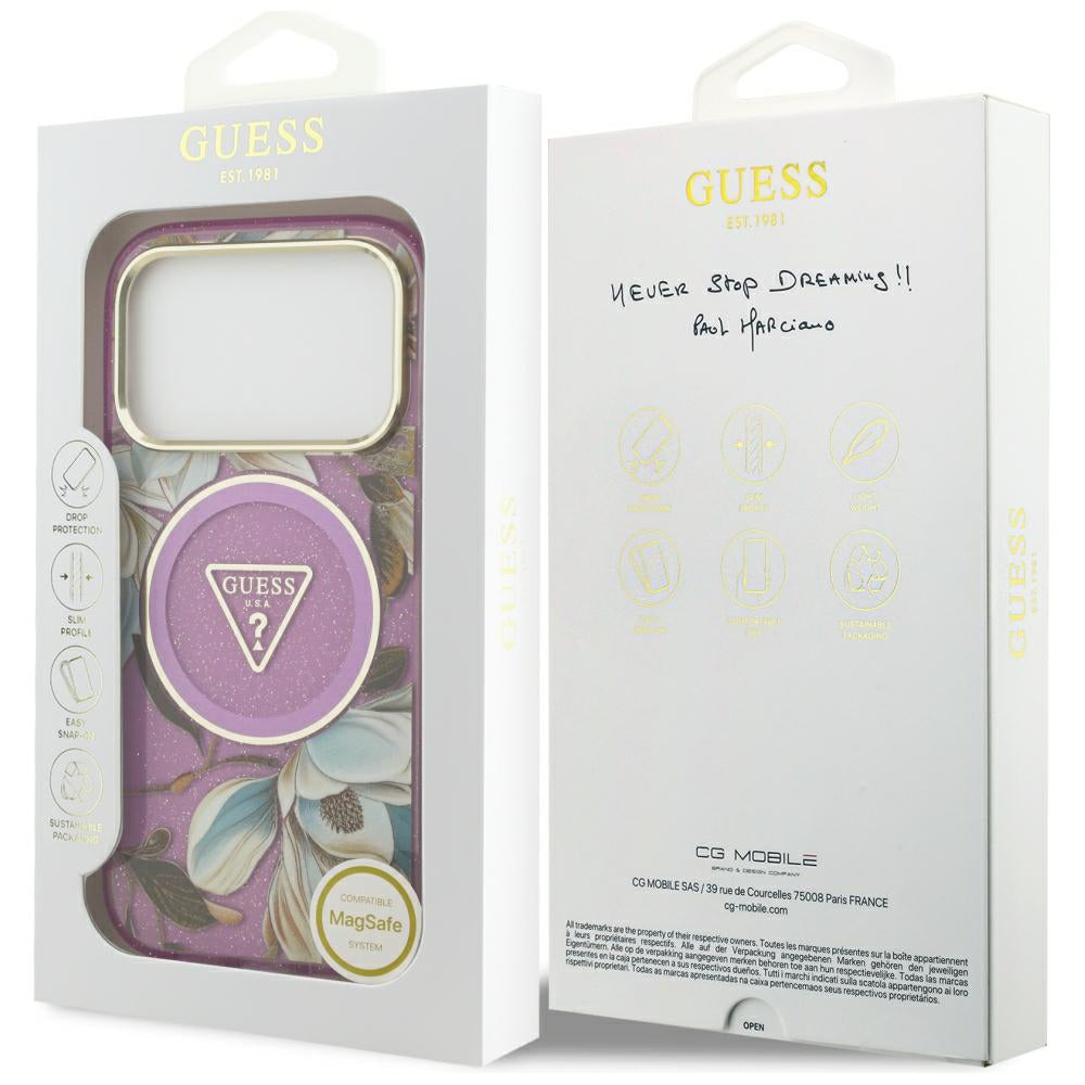 MagSafe maska za Apple iPhone 18 Pro / 17 Pro, Guess, IML Metal Glitter Flowers Triangle, Ljubičasta