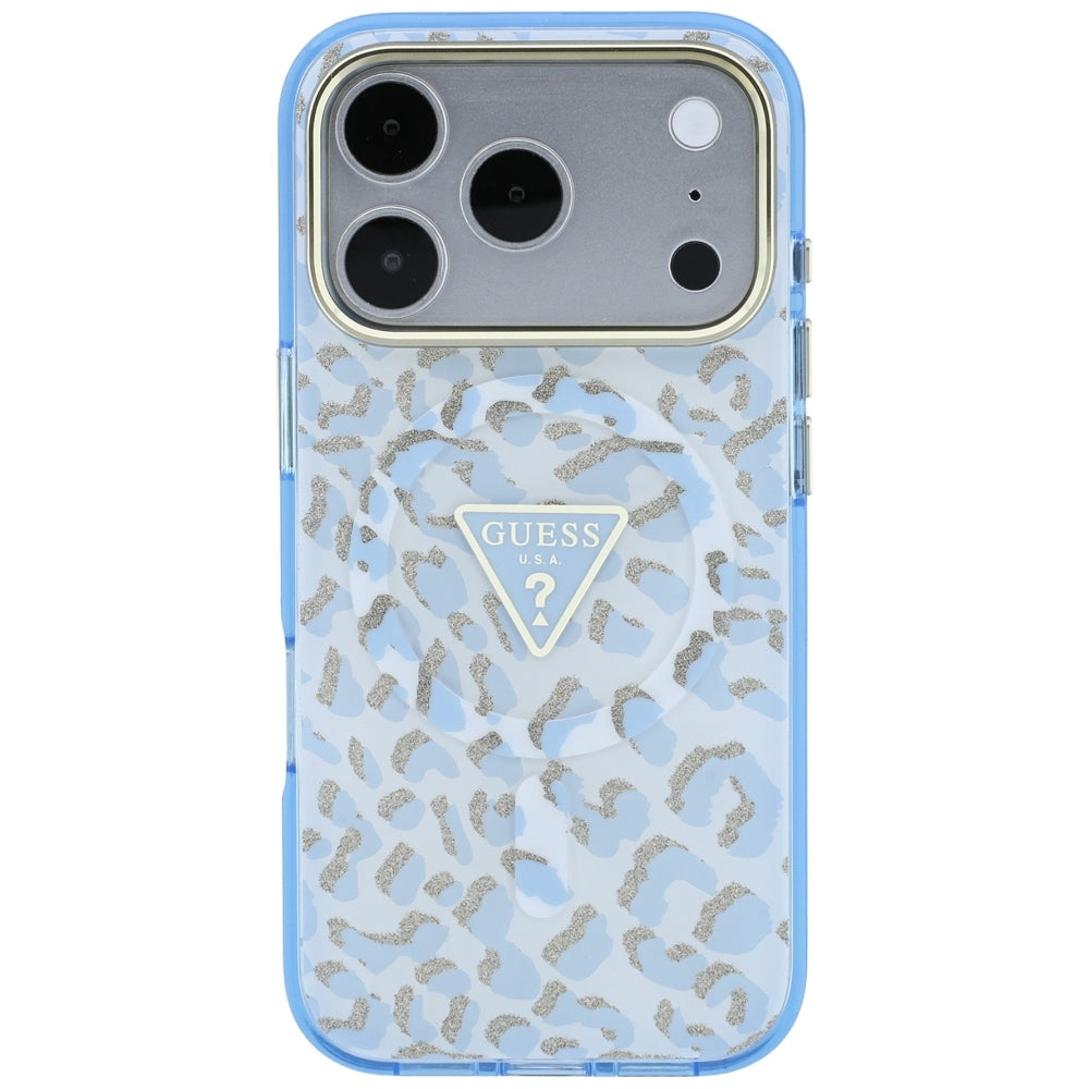 MagSafe maska za Apple iPhone 18 Pro / 17 Pro, Guess, Leopard Glitter Triangle Logo, Plava