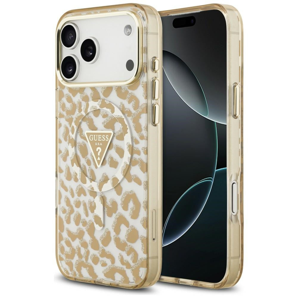 MagSafe maska za Apple iPhone 18 Pro / 17 Pro, Guess, Leopard Glitter Triangle Logo, Smeđa