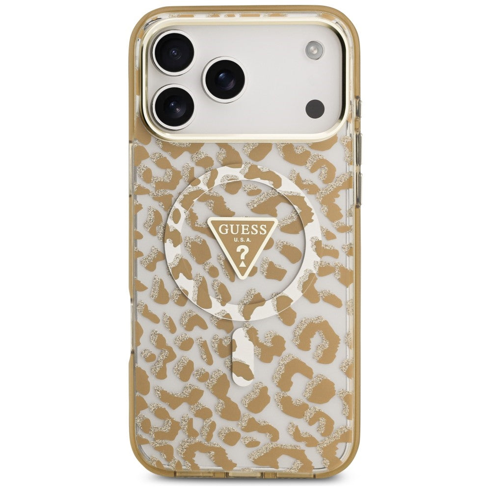 MagSafe maska za Apple iPhone 18 Pro / 17 Pro, Guess, Leopard Glitter Triangle Logo, Smeđa