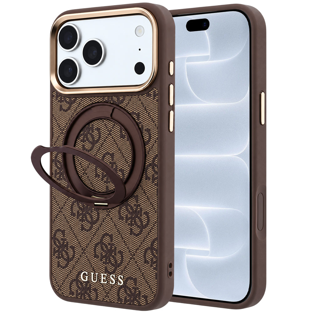 MagSafe futrola za Apple iPhone 18 Pro / 17 Pro, Guess, Ring Stand 360 4G Classic Logo, Smeđa