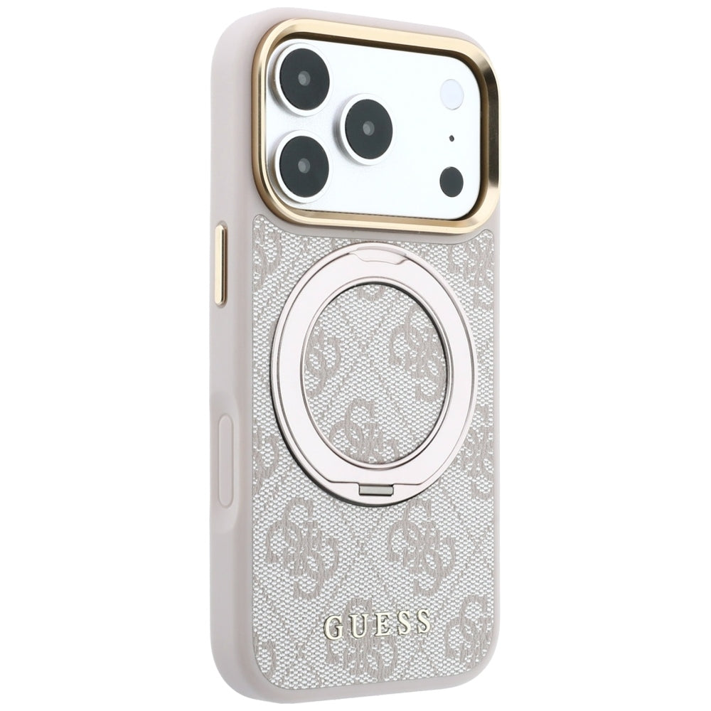 MagSafe maska za Apple iPhone 18 Pro / 17 Pro, Guess, Ring Stand 360 4G Classic Logo, Roza