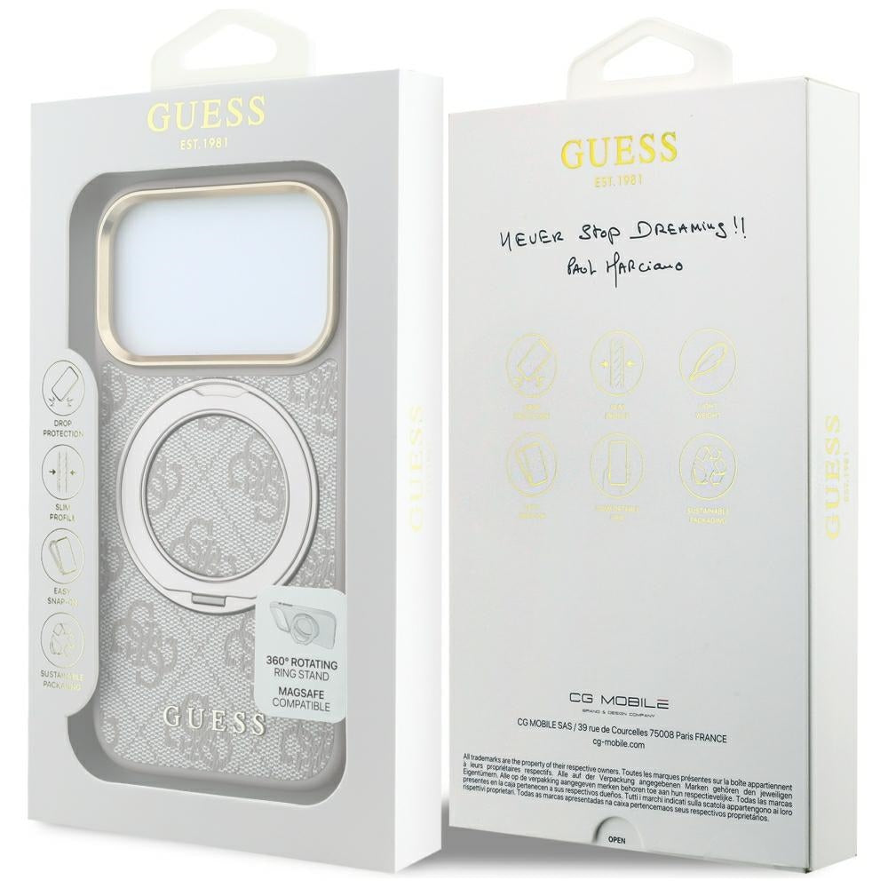 MagSafe maska za Apple iPhone 18 Pro / 17 Pro, Guess, Ring Stand 360 4G Classic Logo, Roza