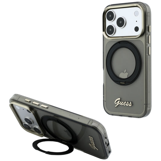 MagSafe futrola za Apple iPhone 18 Pro / 17 Pro, Guess, Ring Stand Script Metal Logo, Crna