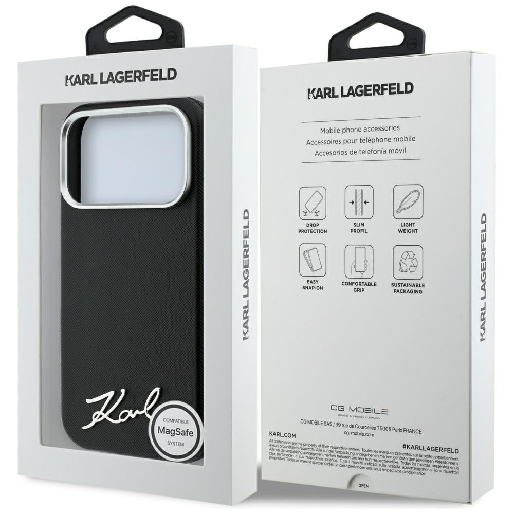 MagSafe maska za Apple iPhone 18 Pro / 17 Pro, Karl Lagerfeld, Saffiano Small Script Metal Logo, Crna