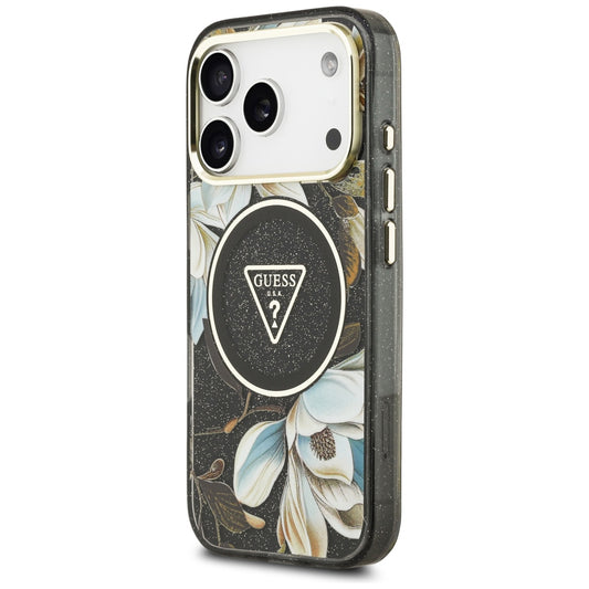 MagSafe maska za Apple iPhone 18 Pro, Guess, IML Metal Glitter Flowers Triangle, Crna