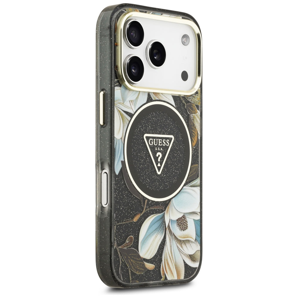 MagSafe maska za Apple iPhone 18 Pro, Guess, IML Metal Glitter Flowers Triangle, Crna