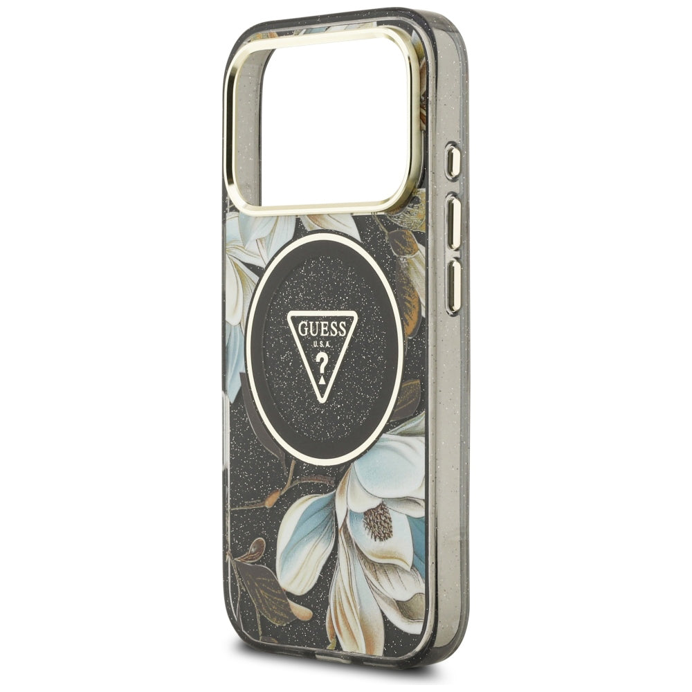 MagSafe maska za Apple iPhone 18 Pro, Guess, IML Metal Glitter Flowers Triangle, Crna