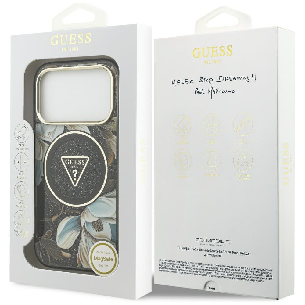 MagSafe maska za Apple iPhone 18 Pro, Guess, IML Metal Glitter Flowers Triangle, Crna