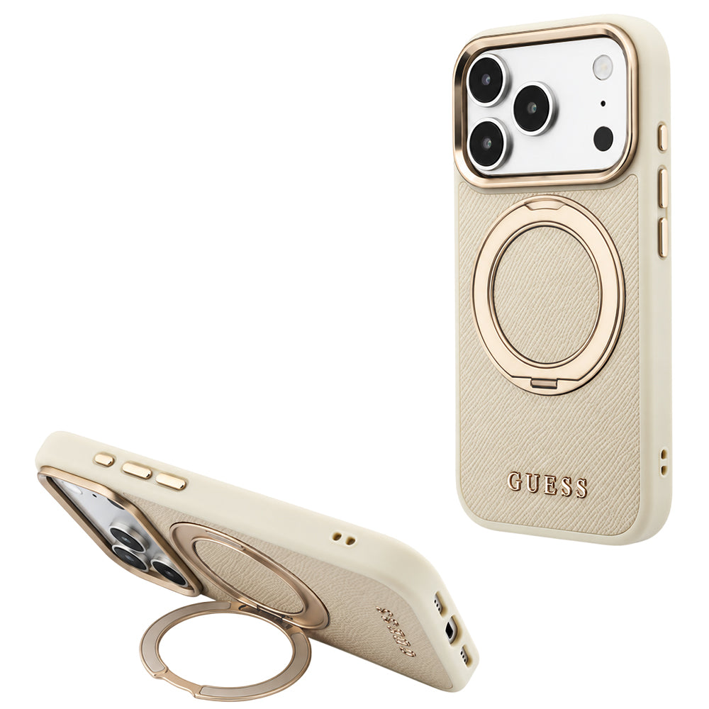 MagSafe futrola za Apple iPhone 18 Pro Max / 17 Pro Max, Guess, Grained Ring Stand 360 Classic, Bež