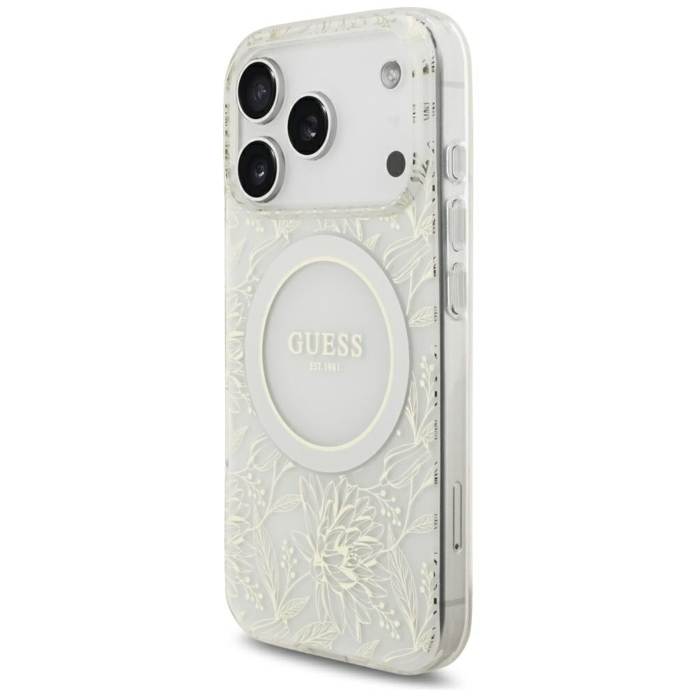 MagSafe futrola za Apple iPhone 18 Pro Max / 17 Pro Max, Guess, IML Flowers Electroplated with Pearl Strap, Bijela