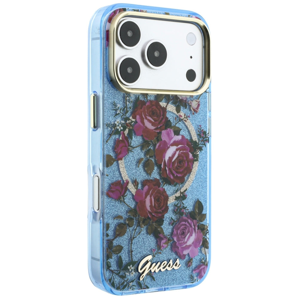 MagSafe maska za Apple iPhone 18 Pro Max / 17 Pro Max, Guess, IML Glitter Blossom Roses, Plava