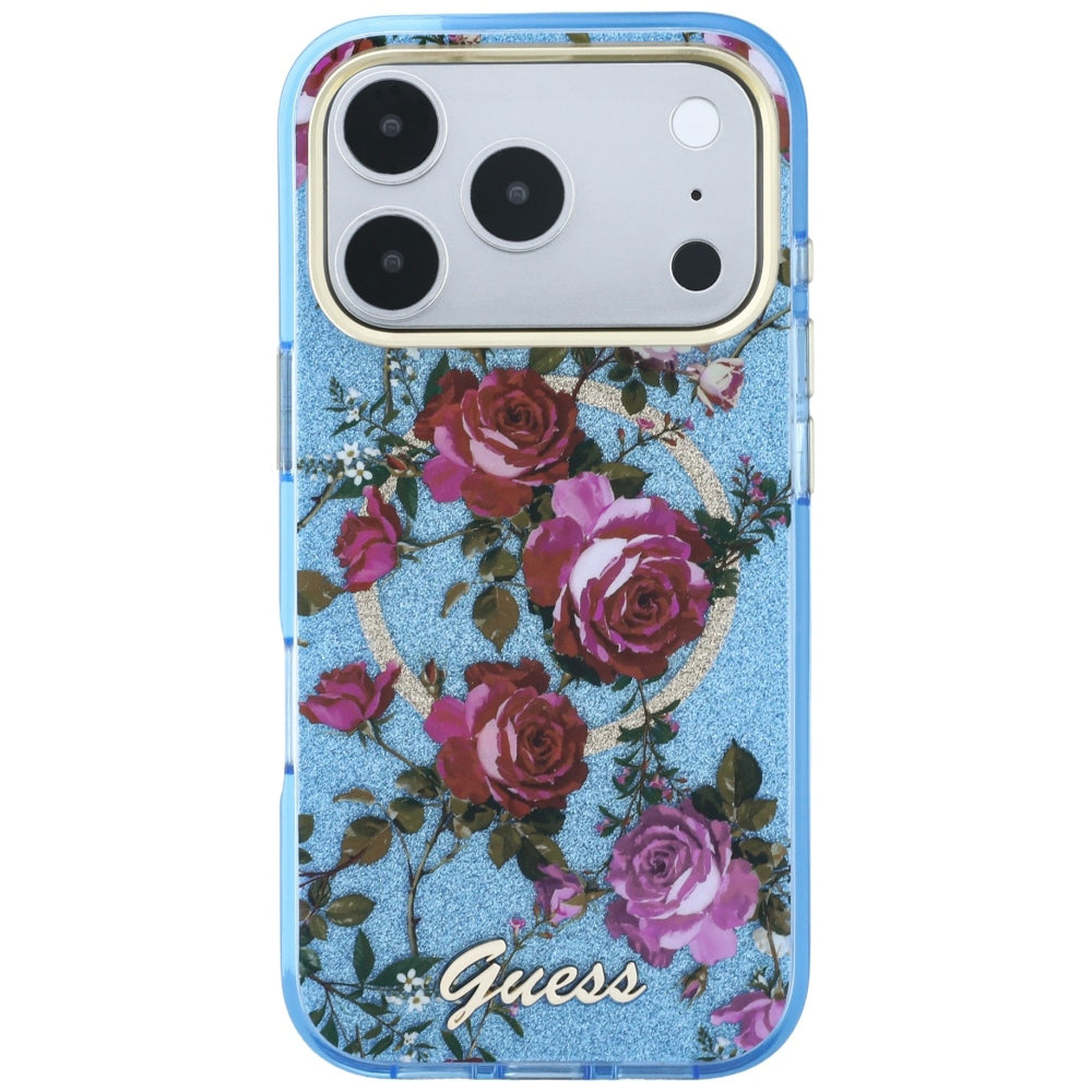 MagSafe maska za Apple iPhone 18 Pro Max / 17 Pro Max, Guess, IML Glitter Blossom Roses, Plava