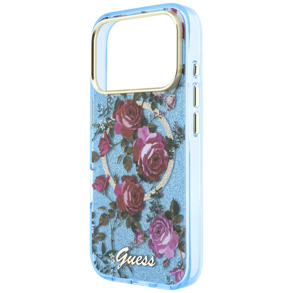 MagSafe maska za Apple iPhone 18 Pro Max / 17 Pro Max, Guess, IML Glitter Blossom Roses, Plava