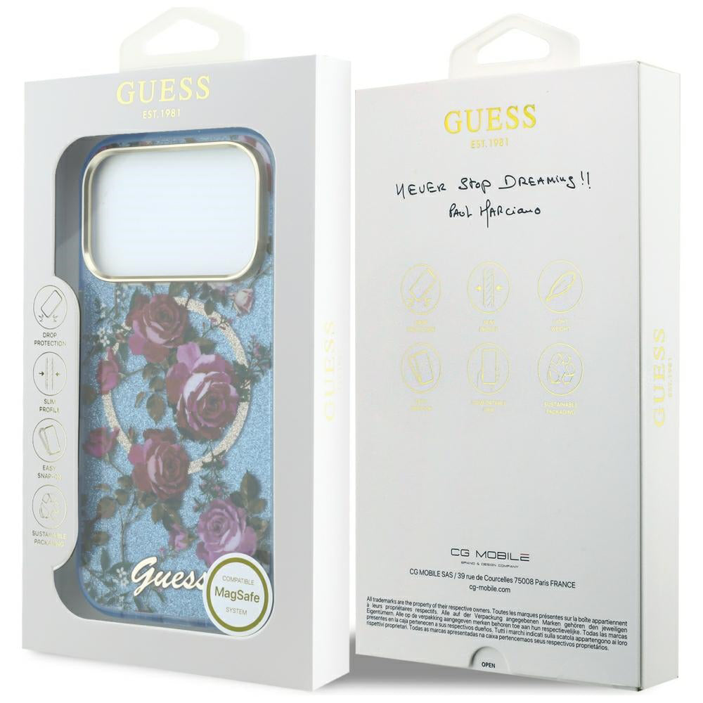 MagSafe maska za Apple iPhone 18 Pro Max / 17 Pro Max, Guess, IML Glitter Blossom Roses, Plava