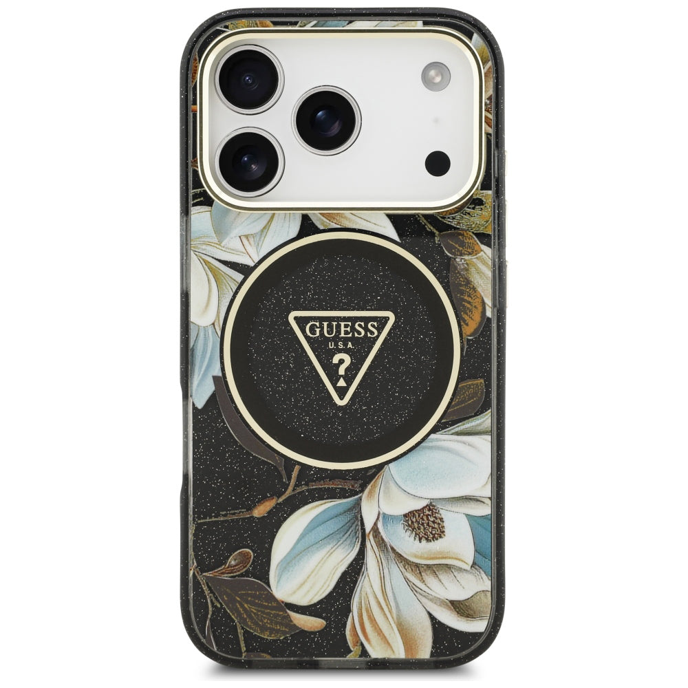 MagSafe maska za Apple iPhone 18 Pro Max / 17 Pro Max, Guess, IML Metal Glitter Flowers Triangle, crna