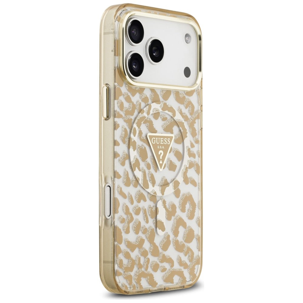 MagSafe maska za Apple iPhone 18 Pro Max / 17 Pro Max, Guess, Leopard Glitter Triangle Logo, Smeđa