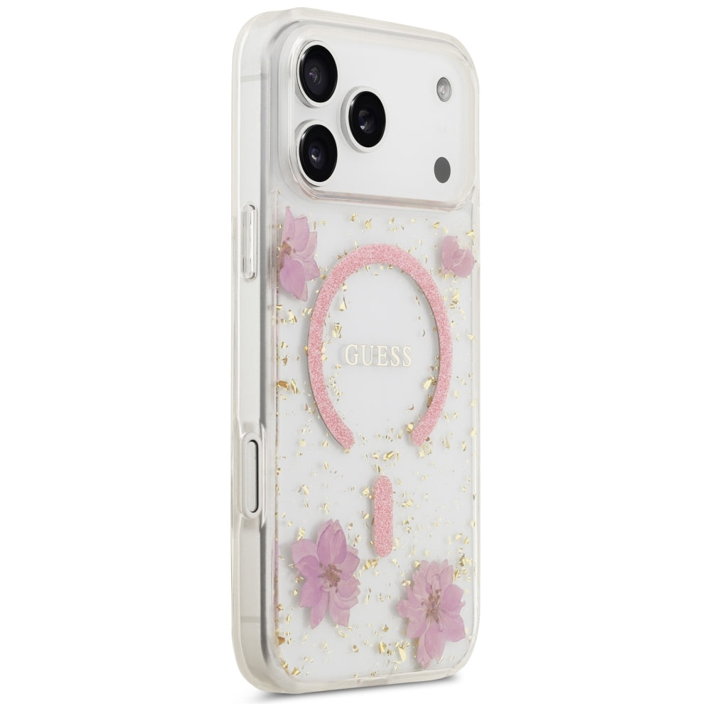 MagSafe maskica za Apple iPhone 18 Pro Max / 17 Pro Max, Guess, Resin Flowers and Glitter, ružičasta
