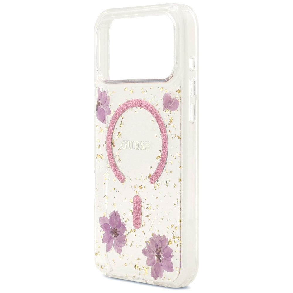 MagSafe maskica za Apple iPhone 18 Pro Max / 17 Pro Max, Guess, Resin Flowers and Glitter, ružičasta