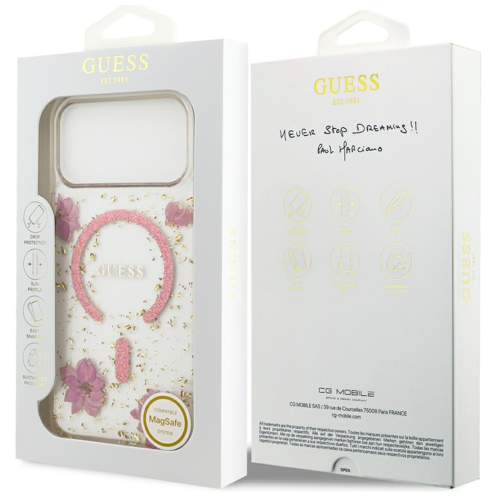 MagSafe maskica za Apple iPhone 18 Pro Max / 17 Pro Max, Guess, Resin Flowers and Glitter, ružičasta
