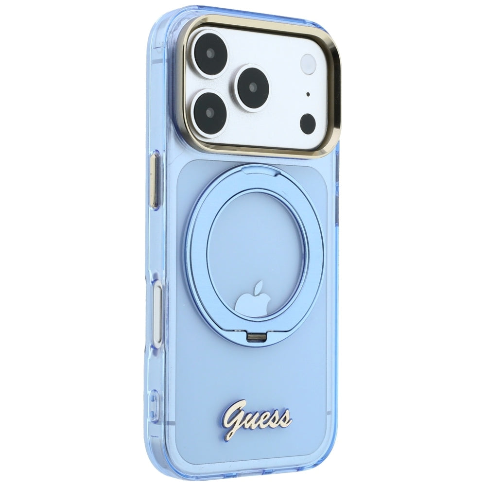 MagSafe maska za Apple iPhone 18 Pro Max / 17 Pro Max, Guess, Ring Stand Script Metal Logo, Plava