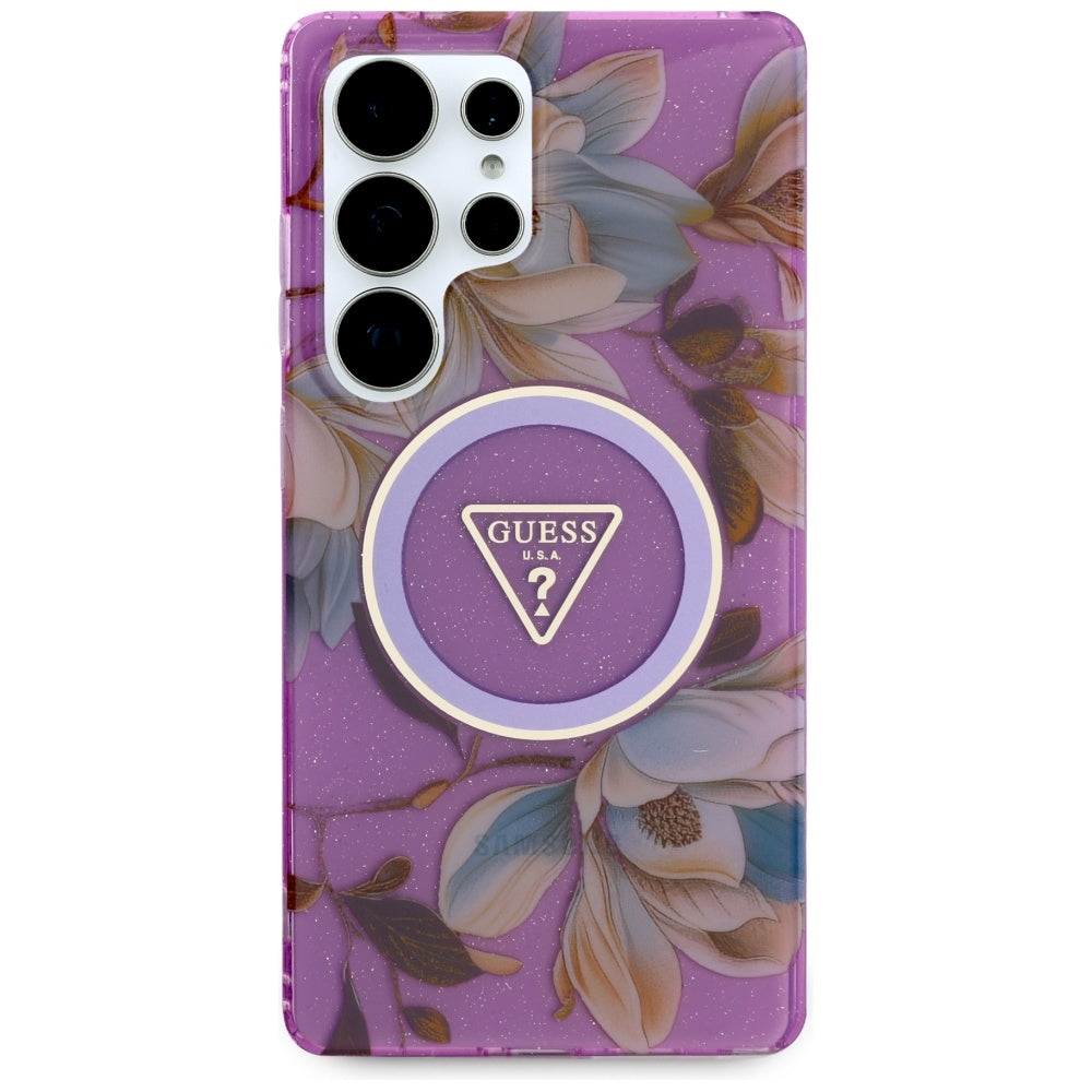 Futrola MagSafe za Samsung Galaxy S25 Ultra S938, Guess, IML Metal Glitter Flowers Triangle, Ljubičasta