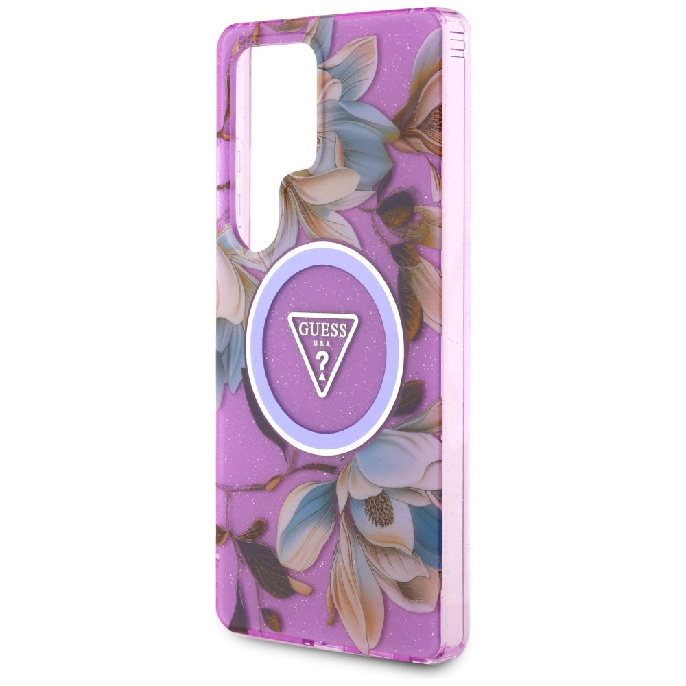 Futrola MagSafe za Samsung Galaxy S25 Ultra S938, Guess, IML Metal Glitter Flowers Triangle, Ljubičasta