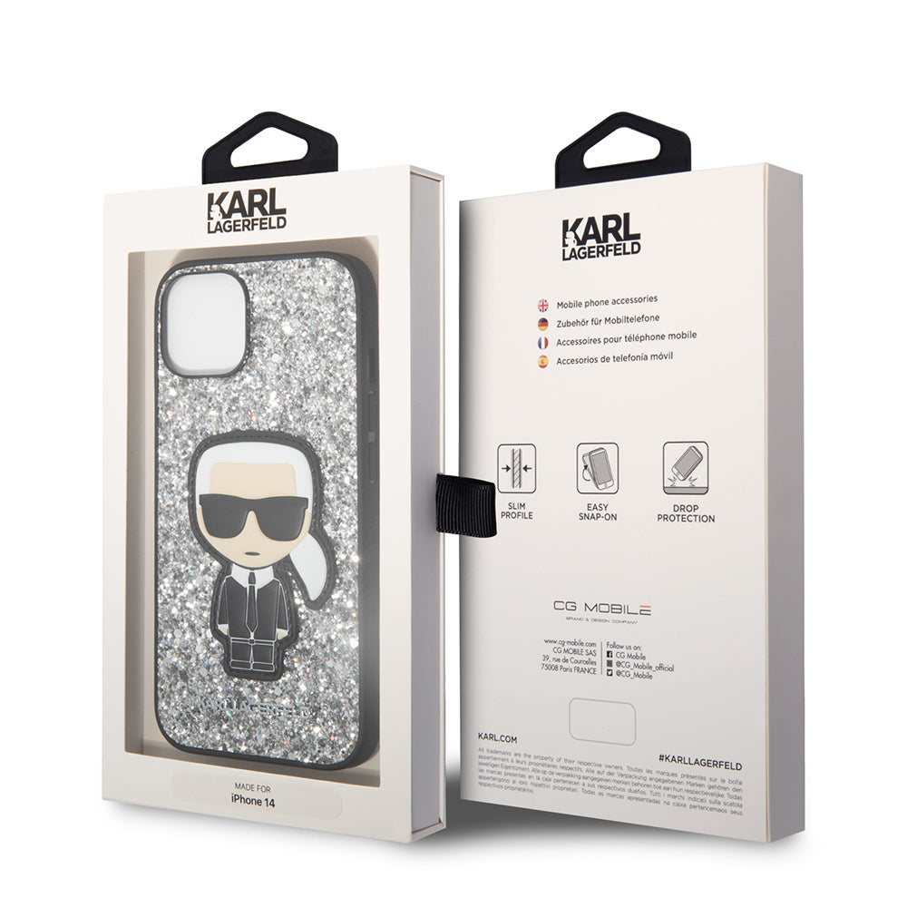 Futrola za Apple iPhone 14, Karl Lagerfeld, Glitter Flakes Ikonik Karl, Srebrna