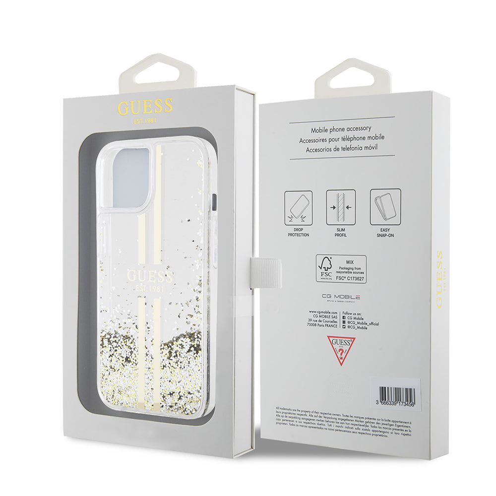 Futrola za Apple iPhone 15, Guess, Liquid Glitter Gold Stripes, Prozirna