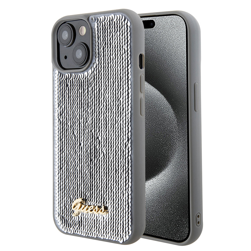 Futrola za Apple iPhone 15, Guess, Sequin Script Metal, Srebrna