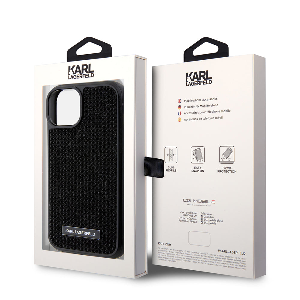 Futrola za Apple iPhone 15, Karl Lagerfeld, Rhinestone Metal Plate, Crna