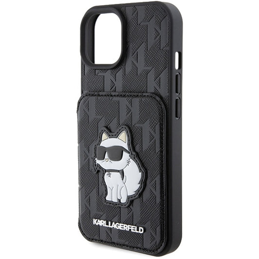 Futrola za Apple iPhone 15, Karl Lagerfeld, Saffiano Cardslots and Stand Monogram Choupette, Crna