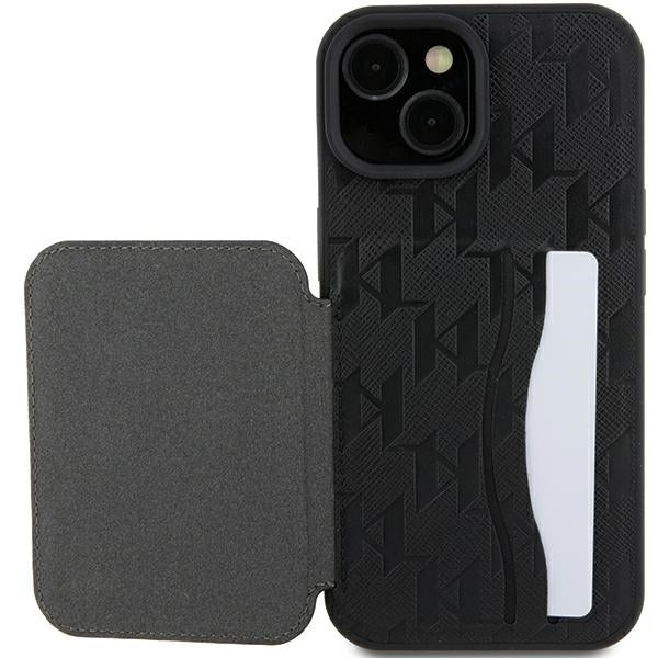 Futrola za Apple iPhone 15, Karl Lagerfeld, Saffiano Cardslots and Stand Monogram Choupette, Crna