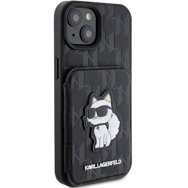 Futrola za Apple iPhone 15, Karl Lagerfeld, Saffiano Cardslots and Stand Monogram Choupette, Crna