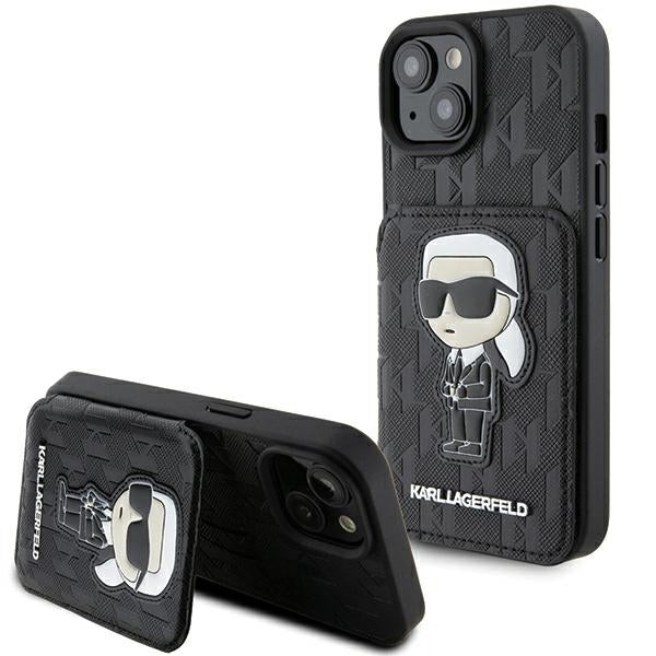 Futrola za Apple iPhone 15, Karl Lagerfeld, Saffiano Cardslots and Stand Monogram Ikonik Karl, Crna