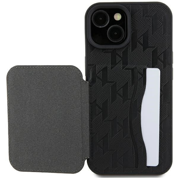 Futrola za Apple iPhone 15, Karl Lagerfeld, Saffiano Cardslots and Stand Monogram Ikonik Karl, Crna