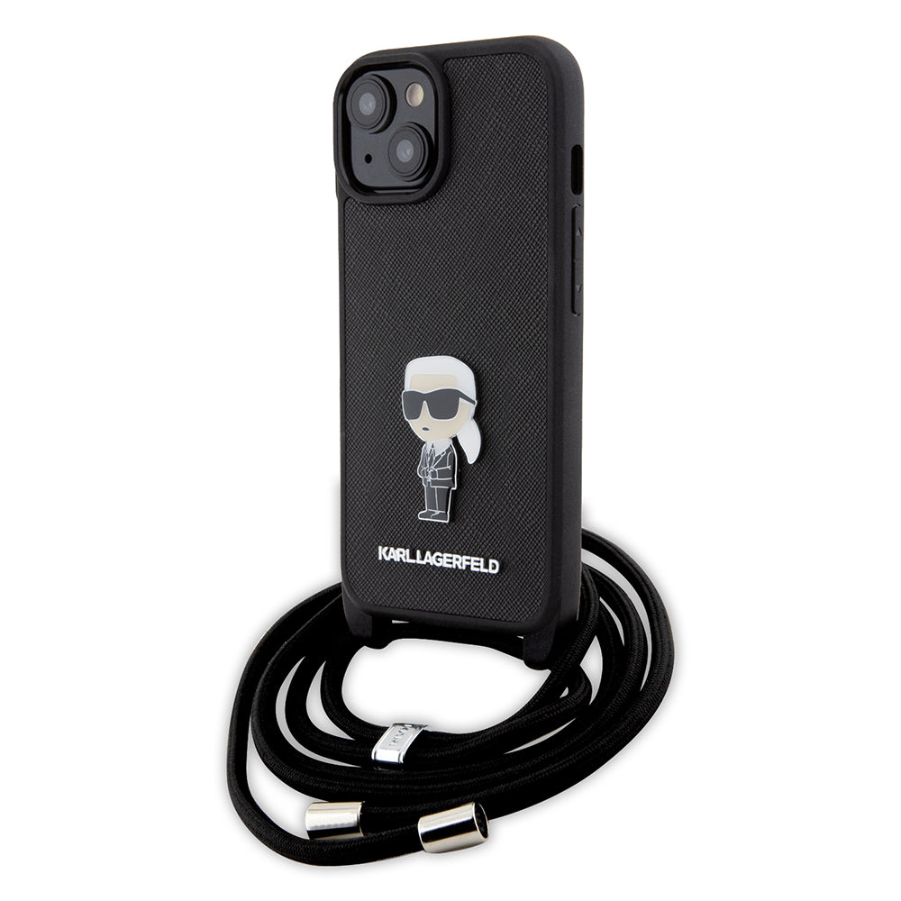 Futrola za Apple iPhone 15, Karl Lagerfeld, Saffiano Crossbody Monogram Metal Pin Karl, Crna