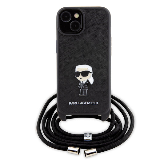 Futrola za Apple iPhone 15, Karl Lagerfeld, Saffiano Crossbody Monogram Metal Pin Karl, Crna