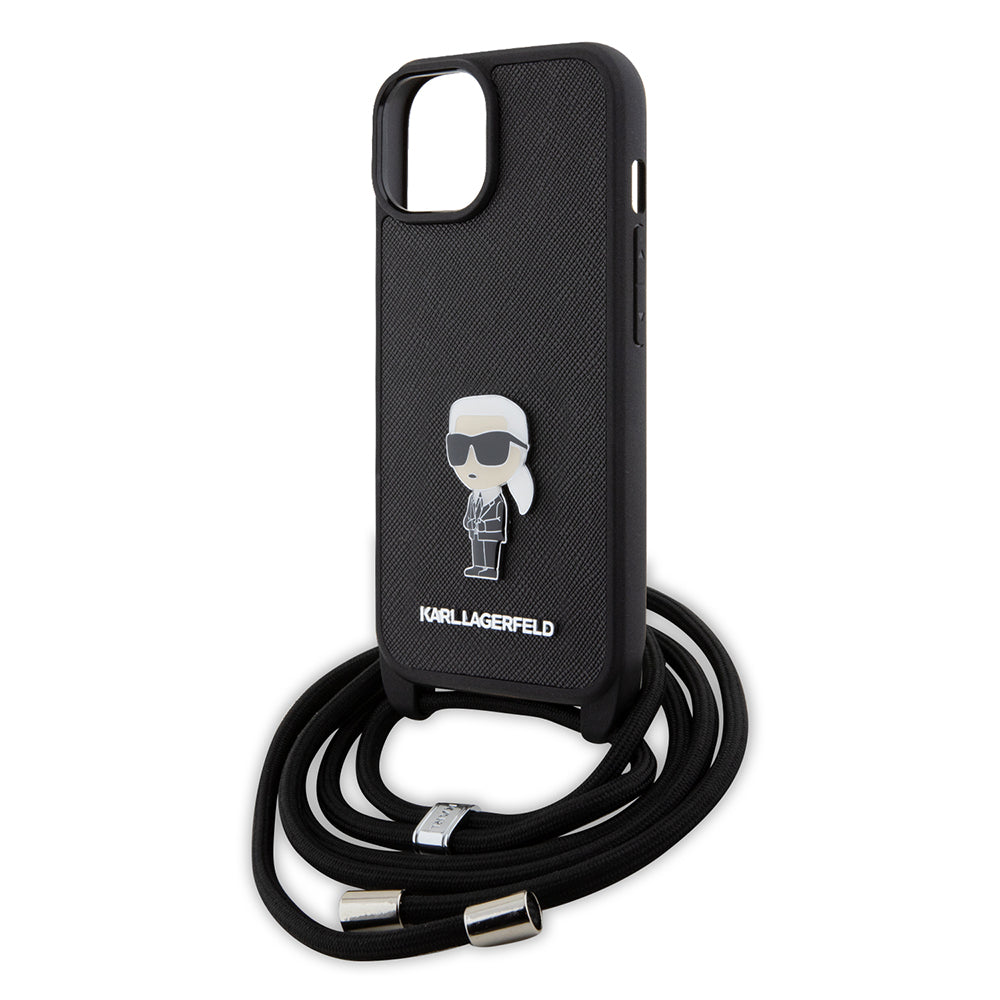 Futrola za Apple iPhone 15, Karl Lagerfeld, Saffiano Crossbody Monogram Metal Pin Karl, Crna