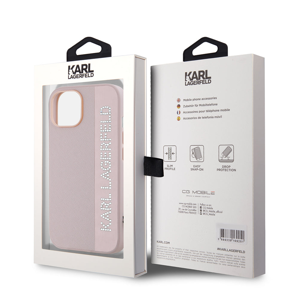 Futrola za Apple iPhone 15, Karl Lagerfeld, Saffiano Rhinestones & Charm, Roza