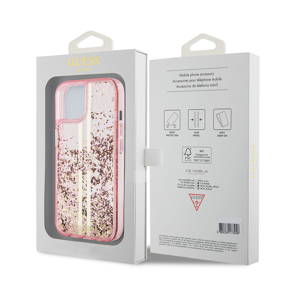Futrola za Apple iPhone 15 Plus, Guess, Liquid Glitter Gold Stripes, Roza