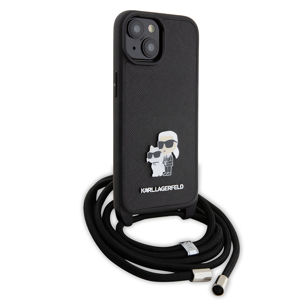Futrola za Apple iPhone 15 Plus, Karl Lagerfeld, Saffiano Crossbody Metal Pin Karl & Choupette, Crna