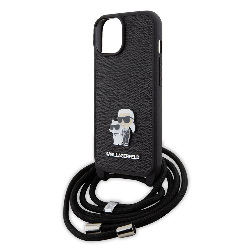 Futrola za Apple iPhone 15 Plus, Karl Lagerfeld, Saffiano Crossbody Metal Pin Karl & Choupette, Crna