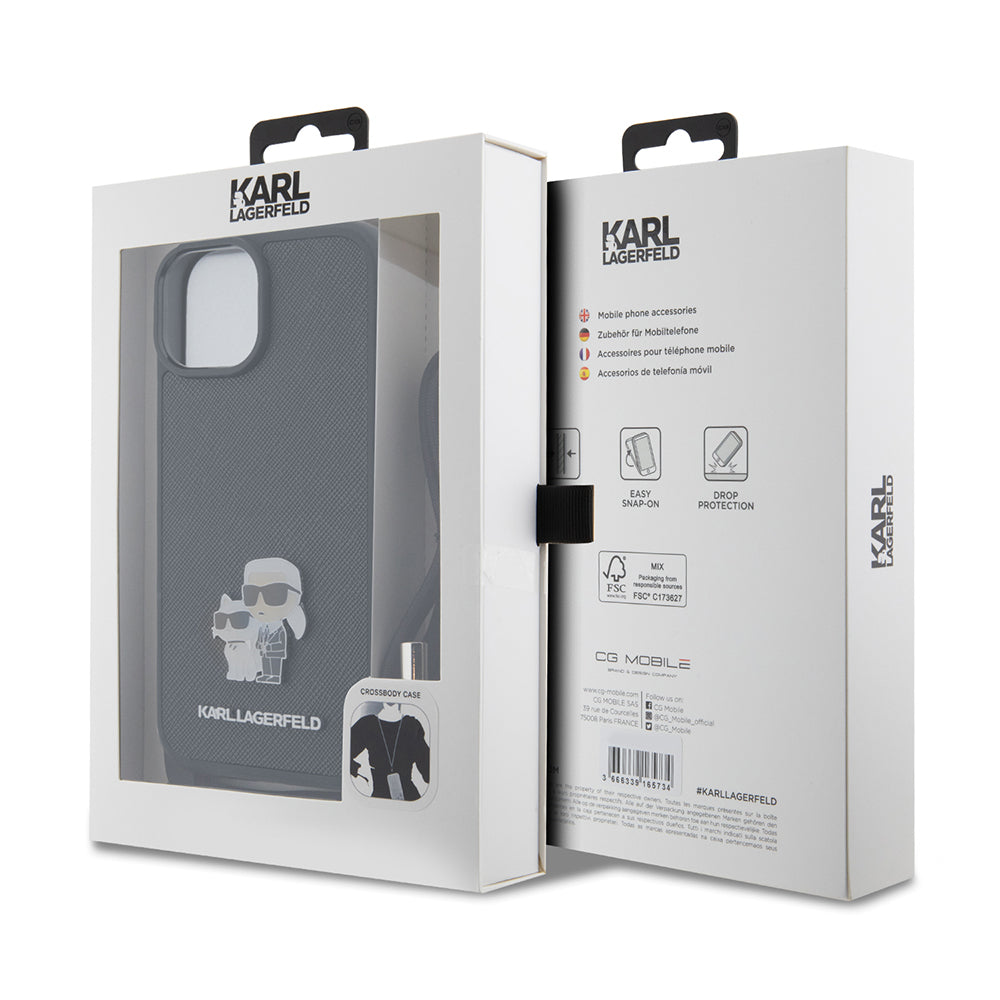 Futrola za Apple iPhone 15 Plus, Karl Lagerfeld, Saffiano Crossbody Metal Pin Karl & Choupette, Crna